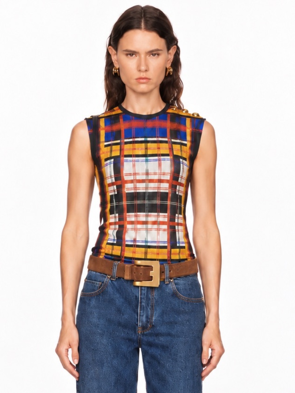 BALMAIN Plaid Linen Sleeveless Top Multicolor Button Shoulder Size S / FR 36